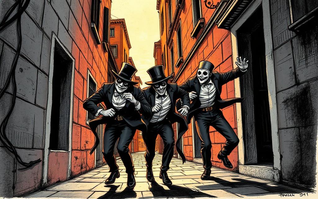 Masked performers chasing each other through a Venetian alley