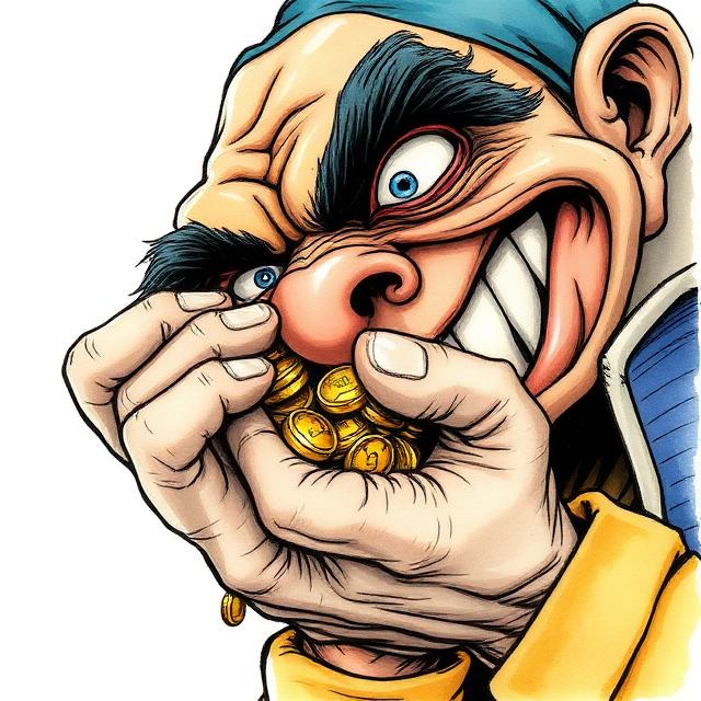 Pantalone clutching a fistful of gold coins
